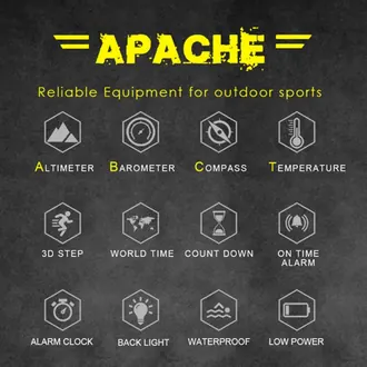 North Edge Apache 3 feature graphic showing compass, altimeter, barometer, alarms and outdoor tools