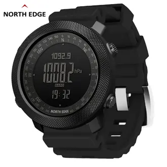 North Edge Apache 3 black outdoor digital watch with black rubber strap, front three-quarter view