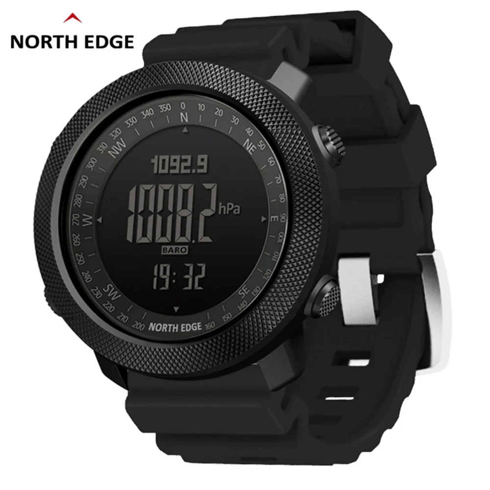 North Edge Apache 3 black outdoor digital watch with black rubber strap, front three-quarter view