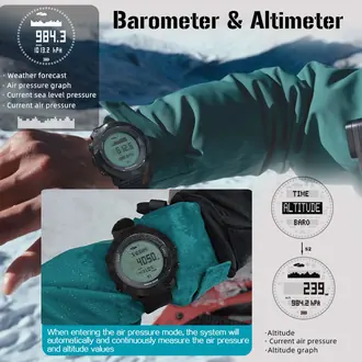 North Edge Apache D watch barometer and altimeter promotional infographic on an alpine landscape